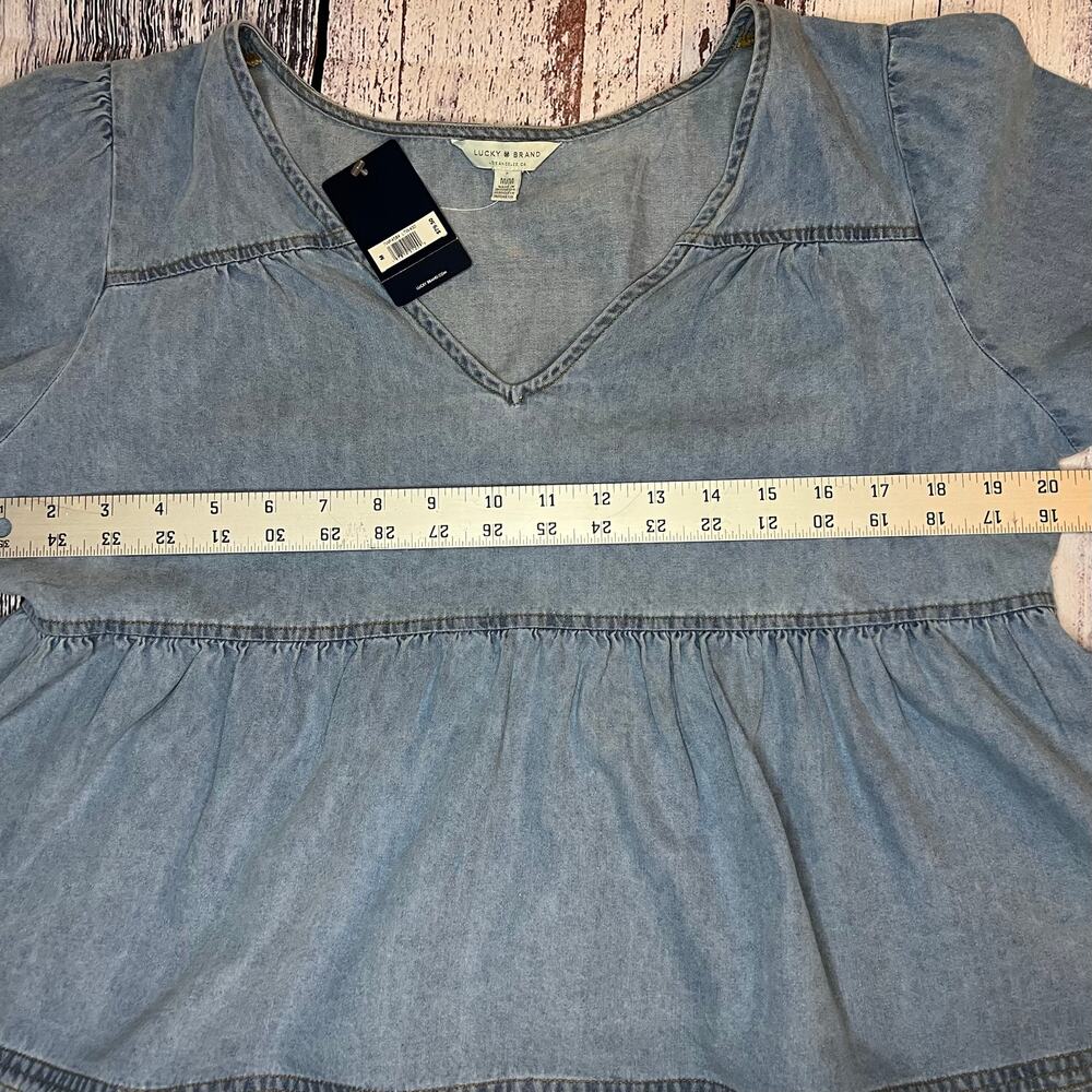 NWT, Lucky Brand Denim High Low Blouse, 3/4 Puff Sleeve, V Neck, Blue, Med - Picture 2 of 8
